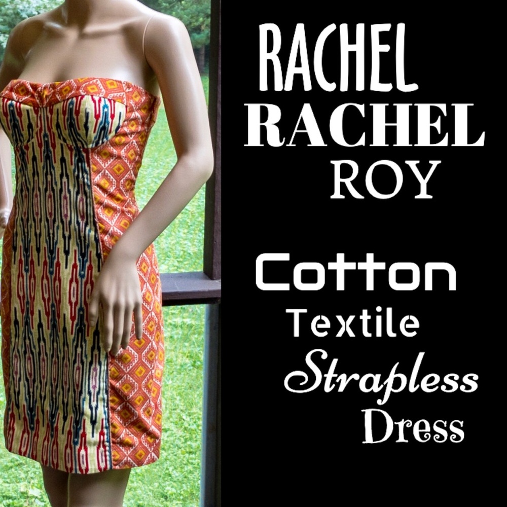 ▪️RACHEL▪️RACHEL ROY▪️Aztec Pattern Textile Cotton Strapless Mini Dress - Picture 1 of 5